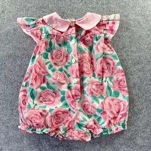 Vintage 12M Baby Girl Floral Rose Bubble Romper Pink Peter Pan Collar